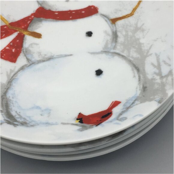 x4 222 FIFTH Winter Cheer Appetizer Plate Set Snowman Red Cardinal Christmas NEW - Picture 7 of 7